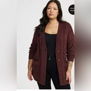 Torrid plus size 1 Cable Knit Button-Up Cardigan Sweater - maroon new with tags